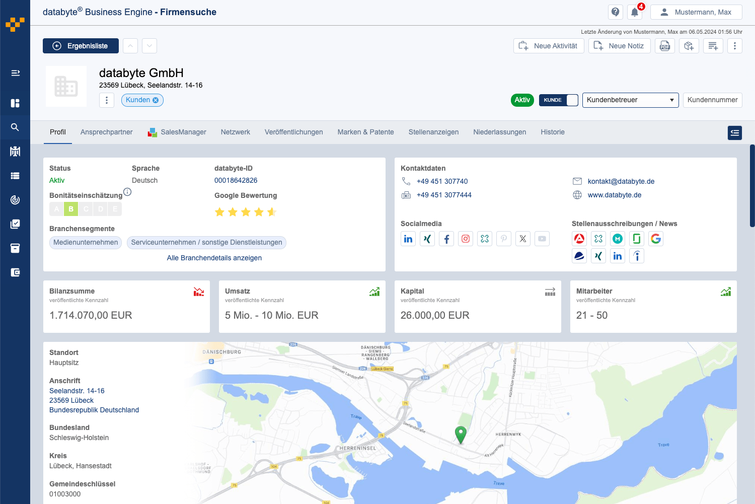 Screenshot eines Firmenprofils mit Insights und Gesprächsaufhängern