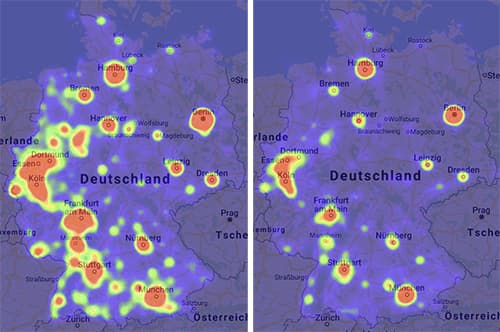 Grafische Darstellung der Neugründungen Januar (links) und August (rechts) 2019 aus der databyte Heat Map